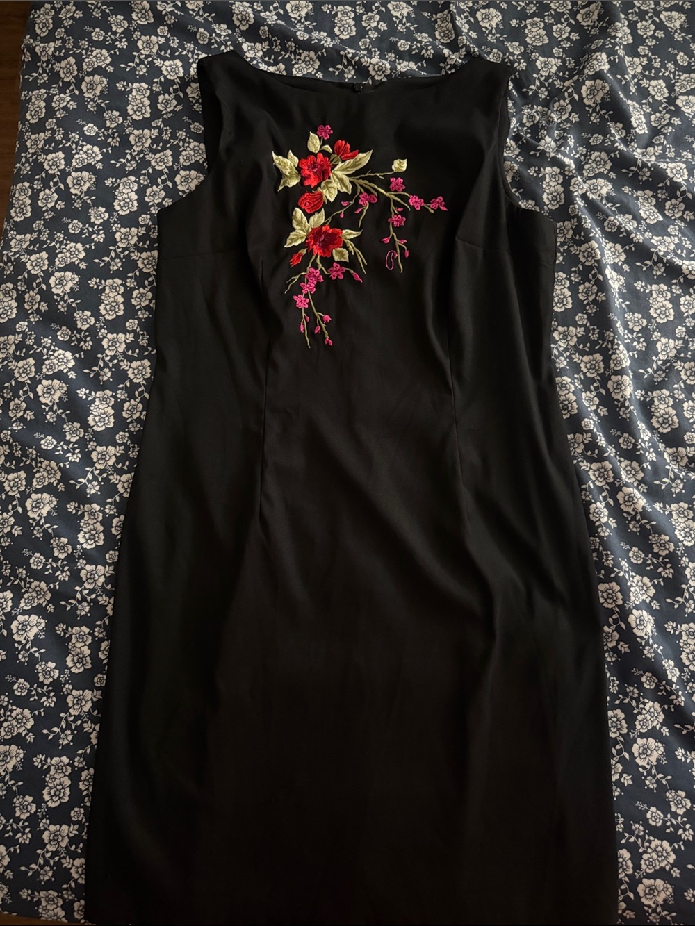 Black Midi Dress with Red Floral Embroidery